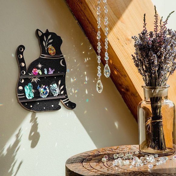 Crystal Shelf Display Rustic Wooden Cat Moon Shelf NEW - Picture 1 of 4